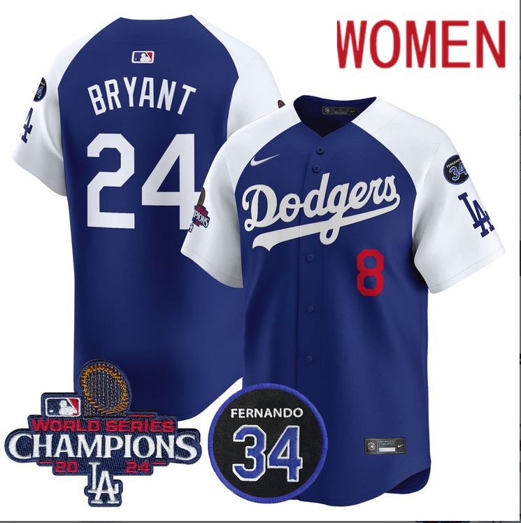 Women MLB Los Angeles Dodgers #24 Bryant  blue 2024 World Series Champions Patch Limited Jersey->women mlb jersey->Women Jersey